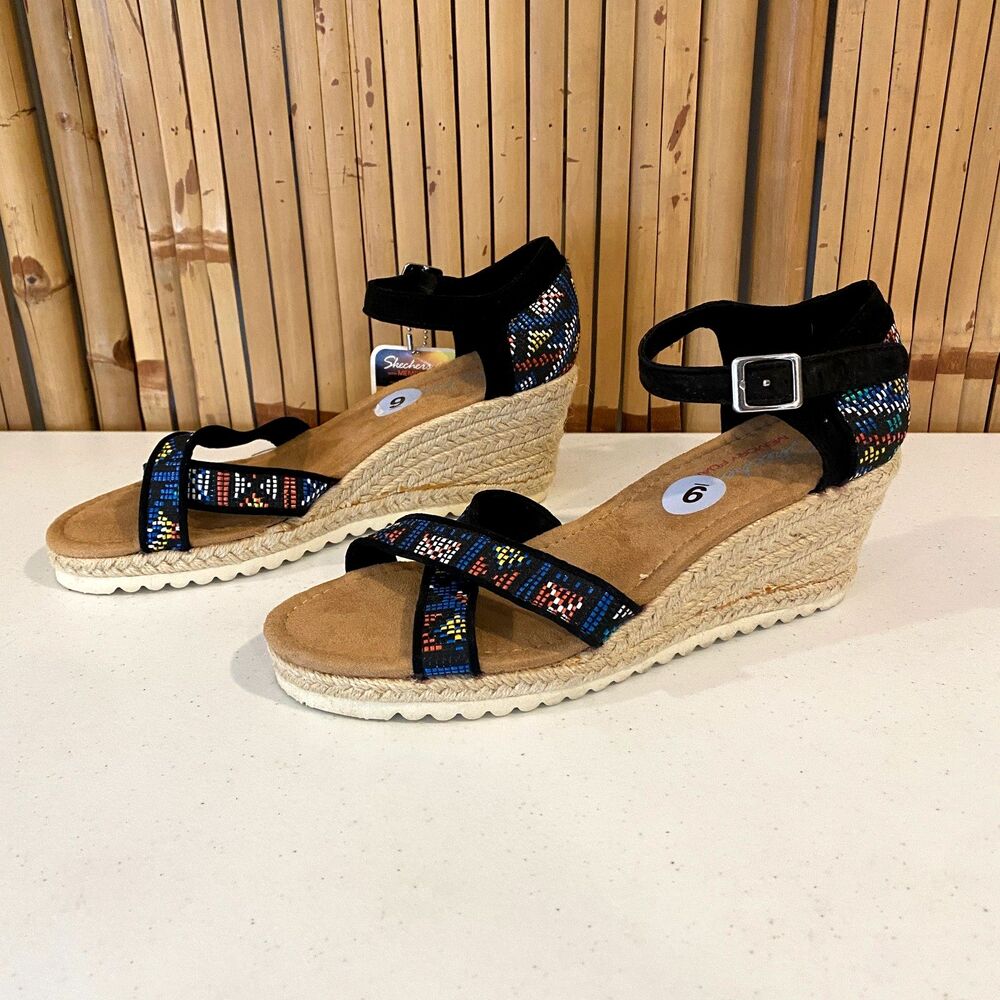 Tribal Boho Retro Skechers Cali Espadrille Wedge Sandals Memory Foam Black 9